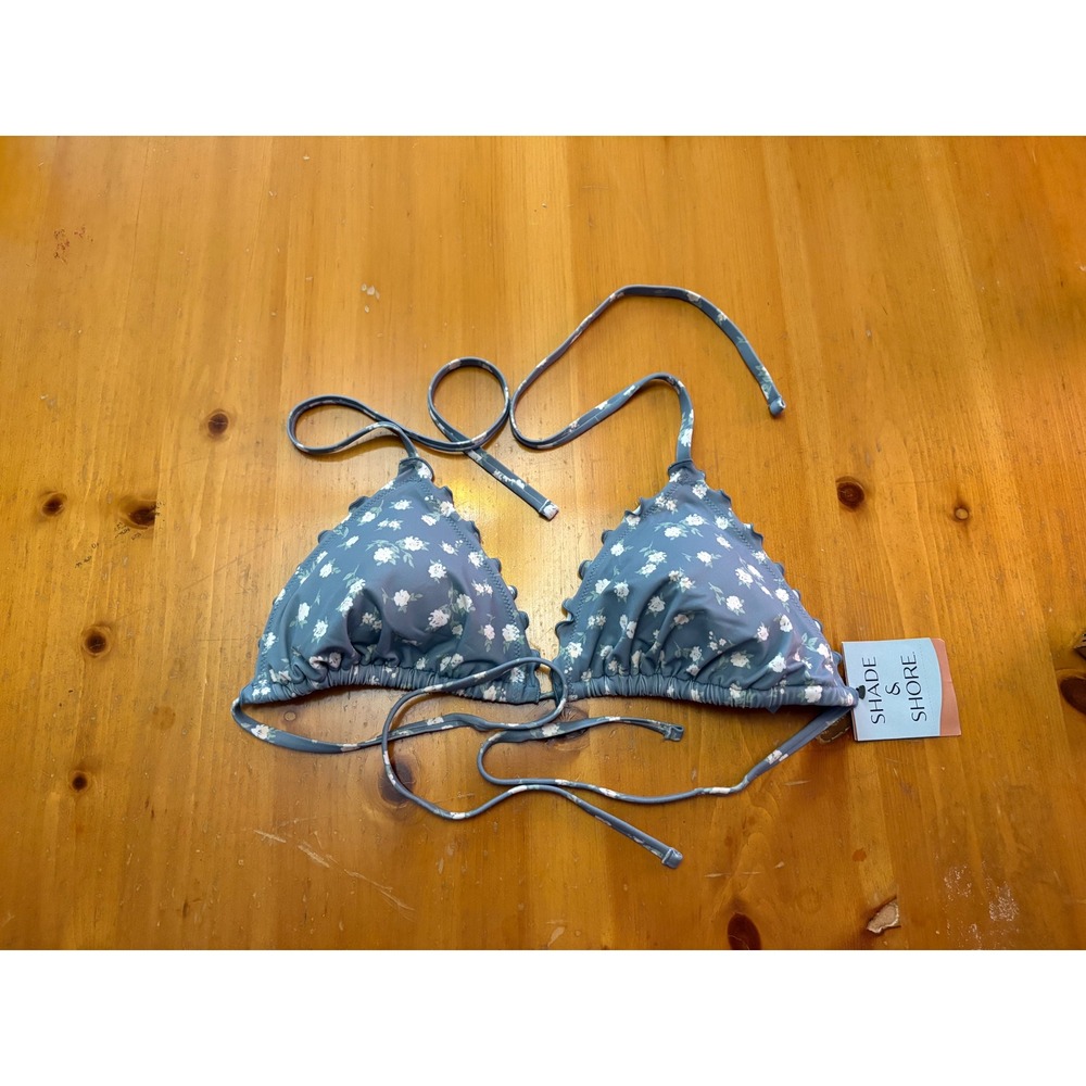Shade &‎ Shore Blue Floral Triangle Bikini Top Lettuce Edge Halter Large NWT